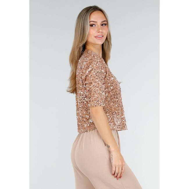 Beige Pailletten Top mit kurzen Ärmeln und Rundhalsausschnitt