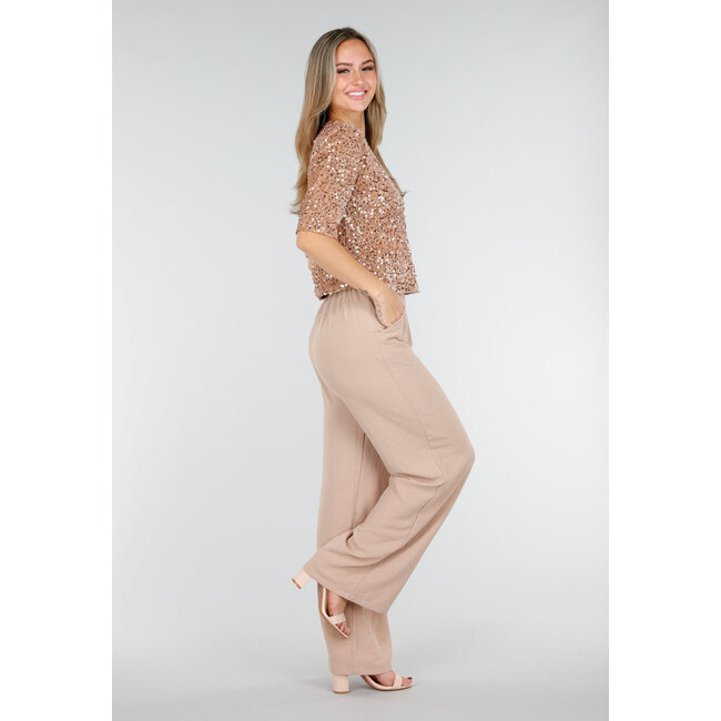 Beige Pailletten Top mit kurzen Ärmeln und Rundhalsausschnitt