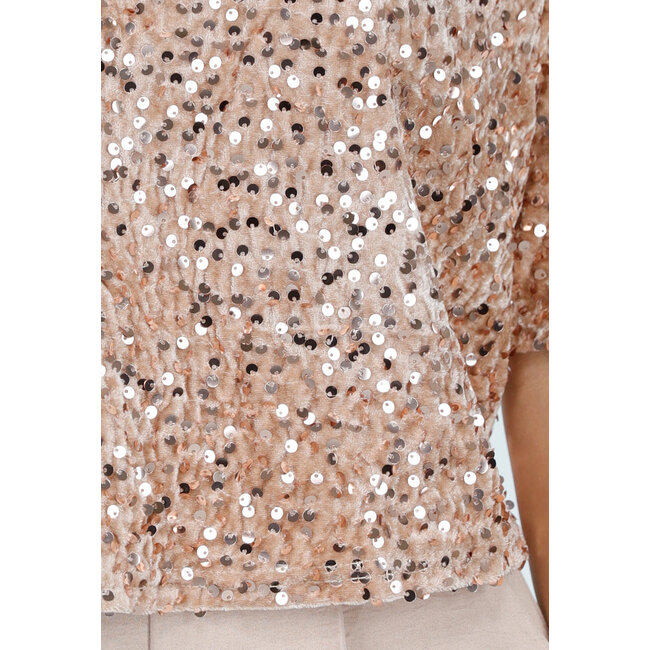 Beige Pailletten Top mit kurzen Ärmeln und Rundhalsausschnitt