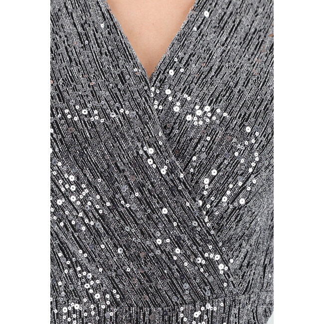 Silberner Pailletten-Body mit V-Ausschnitt, langen Ärmeln und überlappender Vorderseite