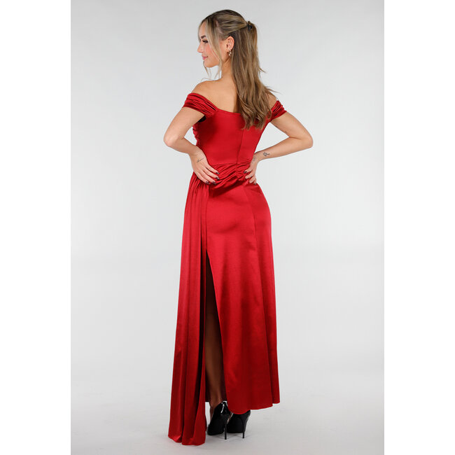Leuchtend rotes Off-Shoulder-Maxikleid aus Satin