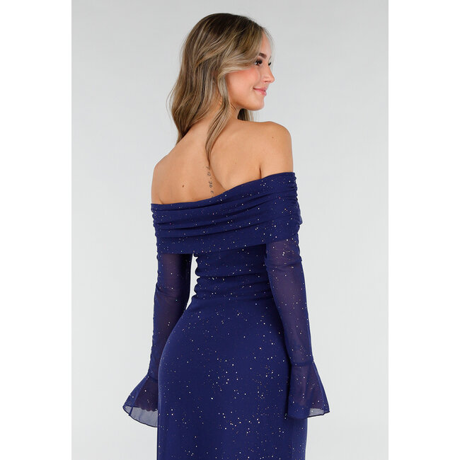 Navyblaues, langärmeliges Maxikleid mit Glitzer und schulterfreiem Ausschnitt