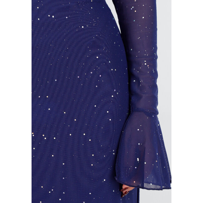 Navyblaues, langärmeliges Maxikleid mit Glitzer und schulterfreiem Ausschnitt