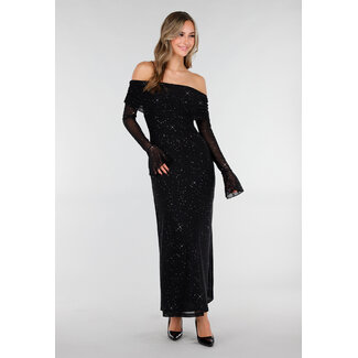 Schwarzes, schulterfreies Stretchkleid mit Glitzer