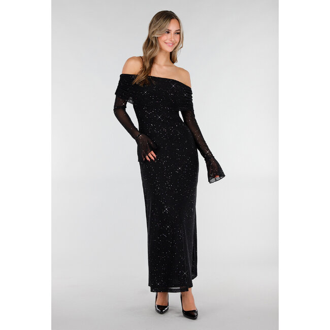 Schwarzes, langärmeliges Off-Shoulder-Maxikleid mit Glitzer