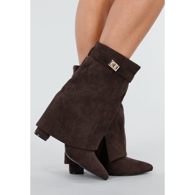 Braune Wildleder-Look-Stiefeletten mit Umschlag und Schnalle