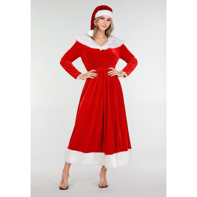 Rotes Weihnachts-Maxikleid mit Gürtel und Weihnachtsmütze