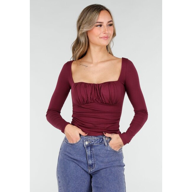 Burgunder Push-Up-Langarmshirt mit gerafftem Bustier