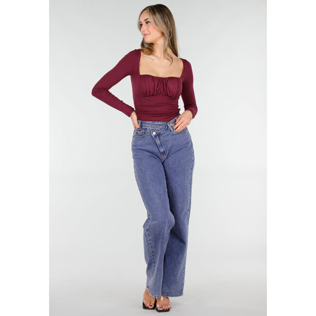 Burgunder Push-Up-Langarmshirt mit gerafftem Bustier