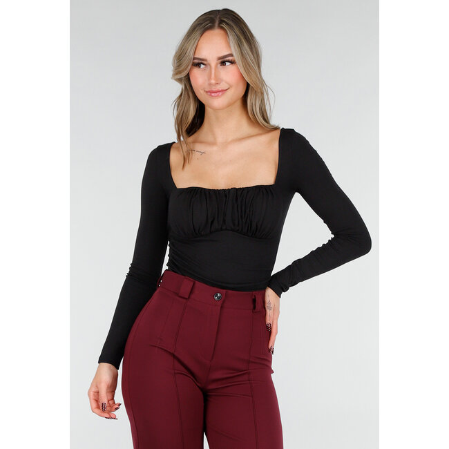 Schwarzes Push-Up-Langarmshirt mit gerafftem Bustier
