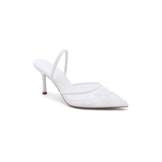 Weiße Slingback-Pumps mit Spitze und Perlen