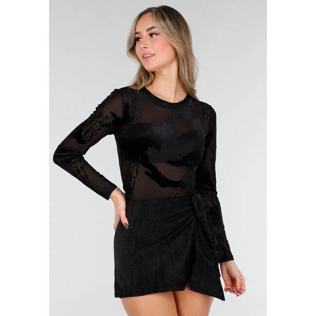 Schwarzer Mesh-Bodysuit mit Flockdruck
