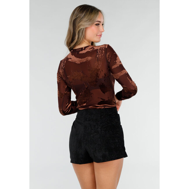 Brauner Mesh-Bodysuit mit Flockdruck