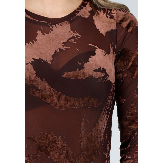 Brauner Mesh-Bodysuit mit Flockdruck