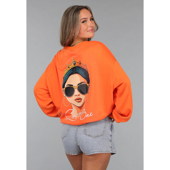 Orange Kings Day Pullover Damen mit Queen Bae Aufdruck