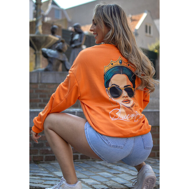 Orange Kings Day Pullover Damen mit Queen Bae Aufdruck