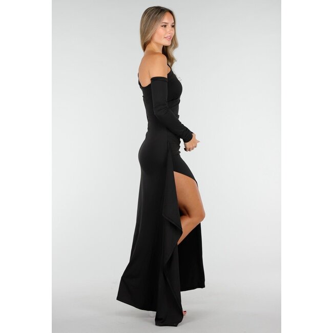 Schwarzes One-Shoulder-Kleid mit Schlitz und langen Ärmeln