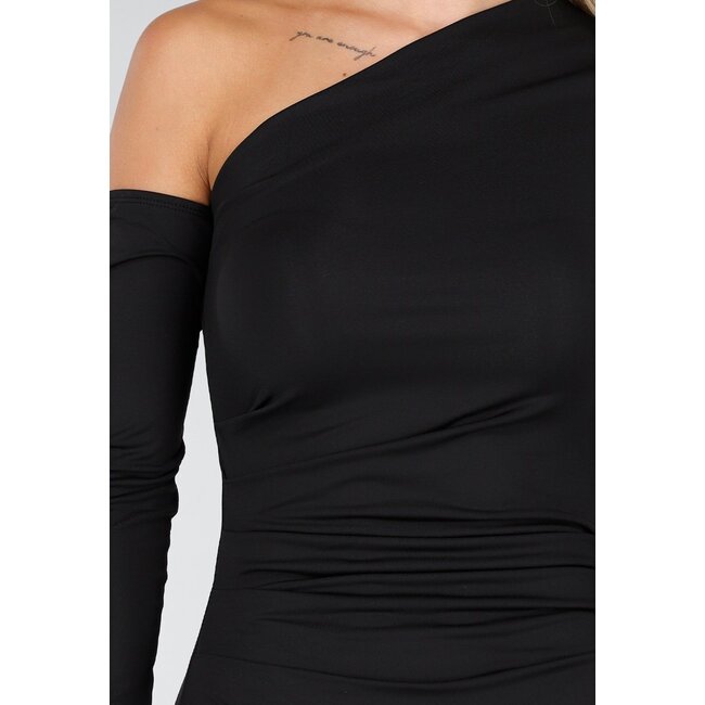 Schwarzes One-Shoulder-Kleid mit Schlitz und langen Ärmeln