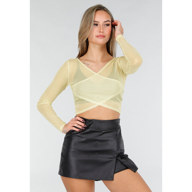 Buttergelbes Mesh-Wickeloberteil mit Stretch