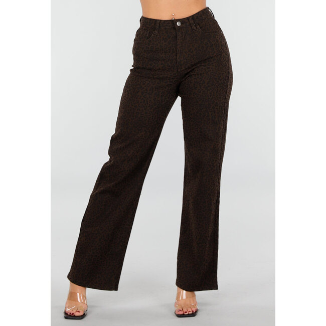 Braune Leopard-Jeans mit geradem Bein und Stretchanteil