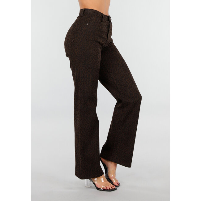 Braune Leopard-Jeans mit geradem Bein und Stretchanteil