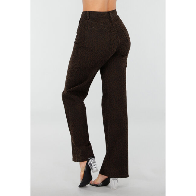 Braune Leopard-Jeans mit geradem Bein und Stretchanteil