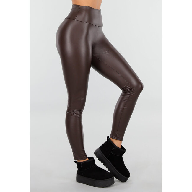 Braune Leggings aus Kunstleder mit hoher Taille und Stretchanteil