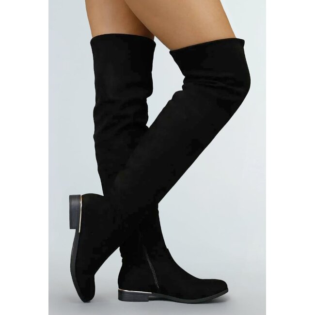 Schwarze Overknee-Stiefel in Wildlederoptik mit kleinem Absatz