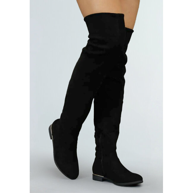 Schwarze Overknee-Stiefel in Wildlederoptik mit kleinem Absatz