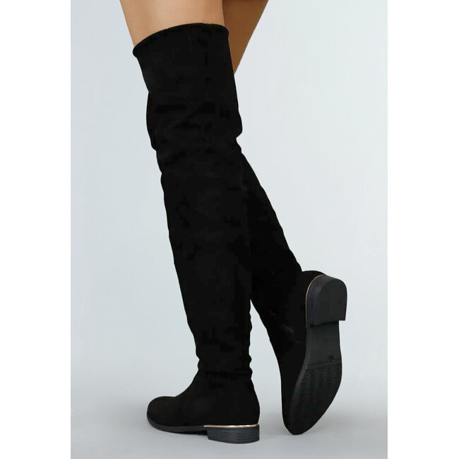 Schwarze Overknee-Stiefel in Wildlederoptik mit kleinem Absatz