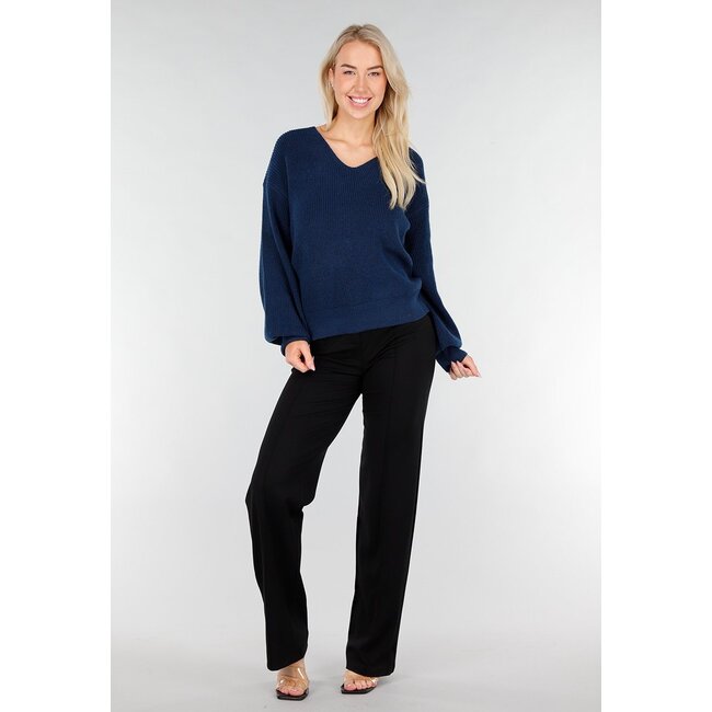 Dark Blue Knitted Sweater with Open Back and Satin Bow Detail