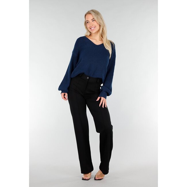 Blau-grüner Strickpullover mit offenem Rücken und Satin-Schleifendetail