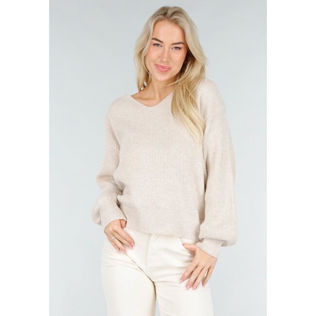 Beige Strickpullover mit offenem Rücken und Satin-Schleifendetail