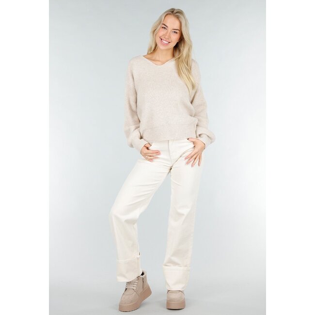 Beige Strickpullover mit offenem Rücken und Satin-Schleifendetail