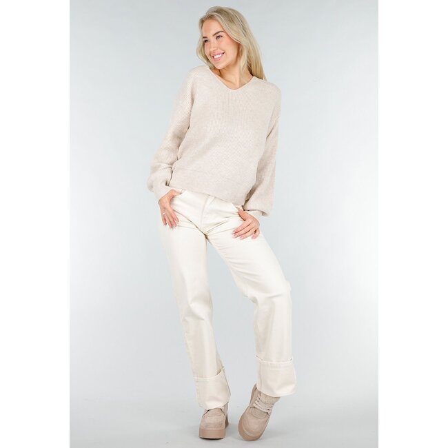Beige Strickpullover mit offenem Rücken und Satin-Schleifendetail
