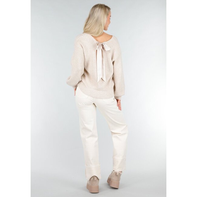 Beige Strickpullover mit offenem Rücken und Satin-Schleifendetail