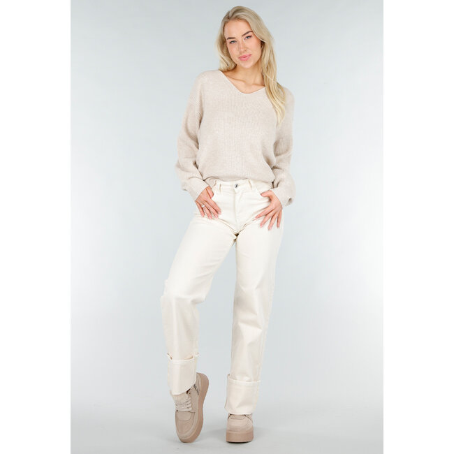 Beige Strickpullover mit offenem Rücken und Satin-Schleifendetail