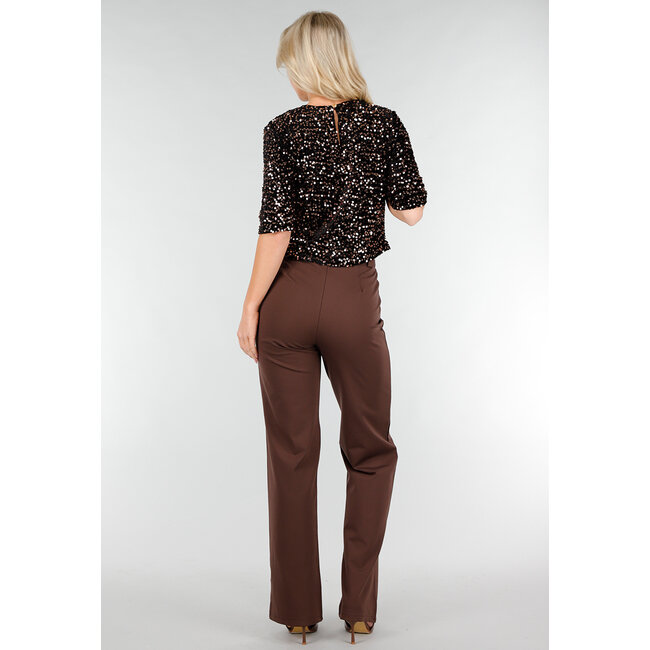 Braunes Pailletten-Oberteil mit kurzen Ärmeln und Stretch