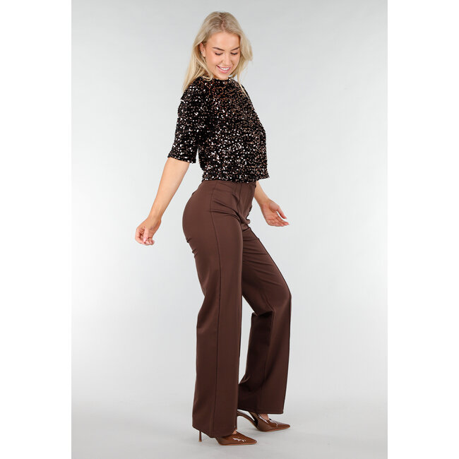 Braunes Pailletten-Oberteil mit kurzen Ärmeln und Stretch