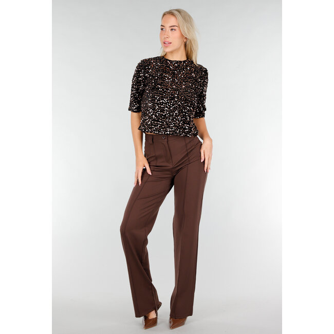 Braunes Pailletten-Oberteil mit kurzen Ärmeln und Stretch