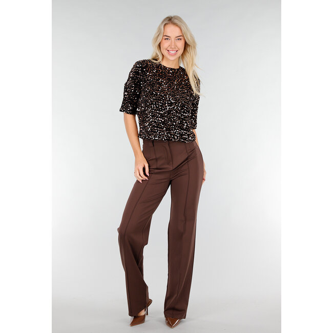 Braunes Pailletten-Oberteil mit kurzen Ärmeln und Stretch