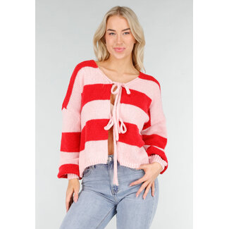 Pink-rot gestreifte Strickjacke mit Schleifenverschluss