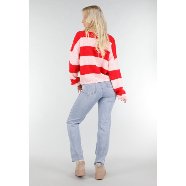 Pink-rot gestreifte Strickjacke mit Schleifenverschluss und lockerer Passform