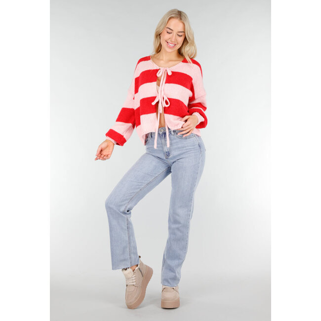 Pink-rot gestreifte Strickjacke mit Schleifenverschluss und lockerer Passform