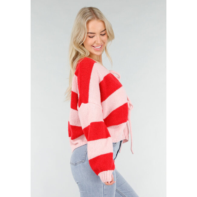 Pink-rot gestreifte Strickjacke mit Schleifenverschluss und lockerer Passform