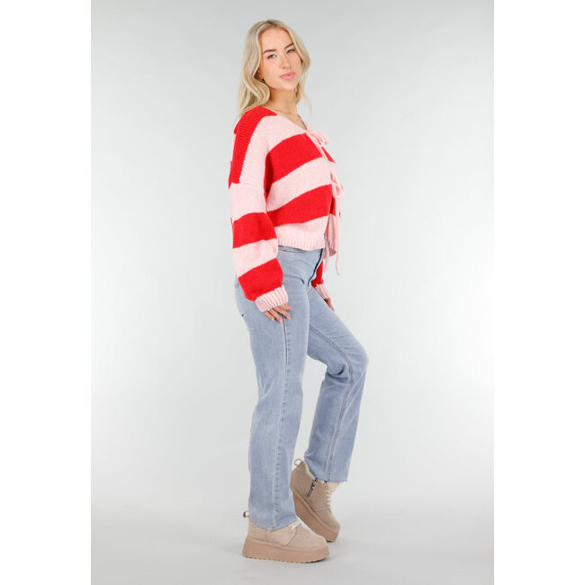 Pink-rot gestreifte Strickjacke mit Schleifenverschluss und lockerer Passform