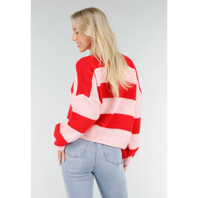 Pink-rot gestreifte Strickjacke mit Schleifenverschluss und lockerer Passform