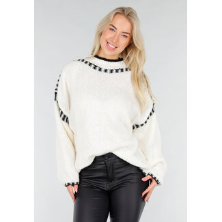 Cremefarbener Strickpullover mit schwarzem Rand