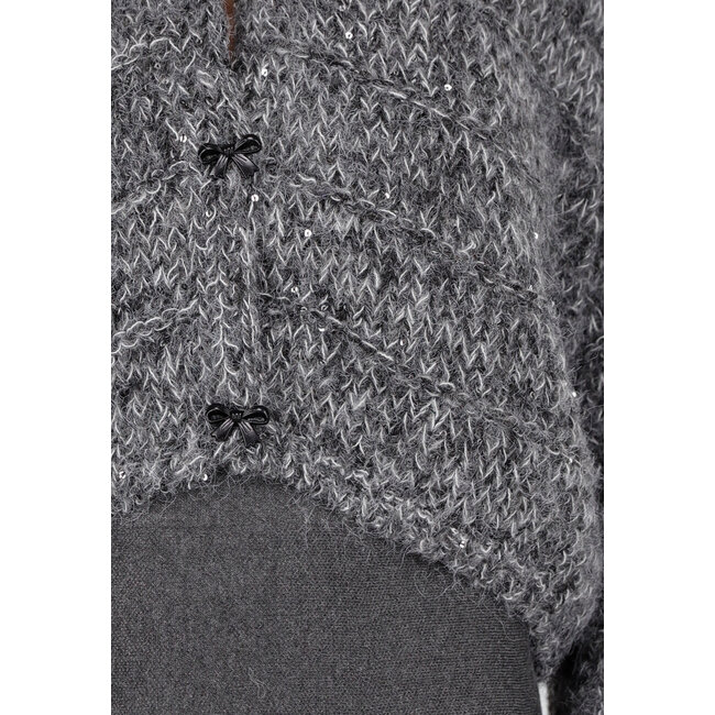 Dunkelgraue Strickjacke mit Schleifeknöpfen und dezenten Glanzdetails