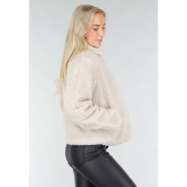 Beige Teddyjacke mit weicher Fleece-Textur und Stehkragen